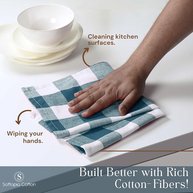 Teal Green Buffalo Check Kitchen Towels, 12 Pack, 100% Cotton, 16x26 Inches, Soft, Absorbent, Quick Dry, Dish Cloths, Bar & Restaurant Cleaning Towels with Hanging Loop, Teal White