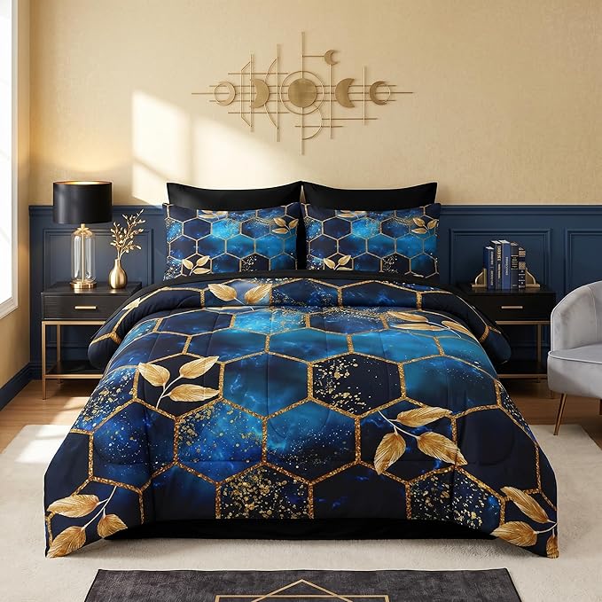 Nesker Comforter Set King Size, Luxury Geometric Hexagon 7 Pcs Bedding for Kids and Adults, Navy Blue Gold Leaves Bed Sheet Sets with Fitted Sheet 2 Pillowcases & 2 Shams