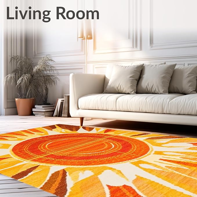 Flatwoven High Traffic Area Rug 4x6, Vintage Sunburst Area Rug with Retro Rays and Warm Earth Tone Palette, Non Slip, Stain Resistant, Washable Area Rugs for Living Room, Bedroom (Orange, 4x6)