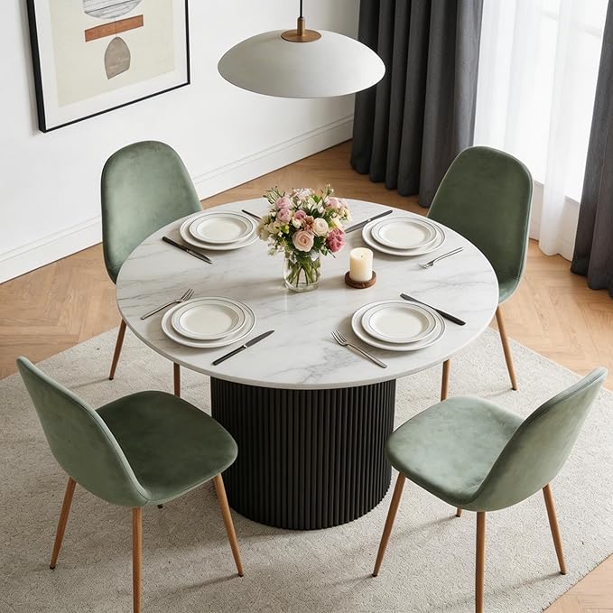 Dining Table Set for 4, Mid Century Modern 47 Inch White Marble-Look Wooden Round Dining Table Set, Space Saving (Table + 4 Green Chairs)