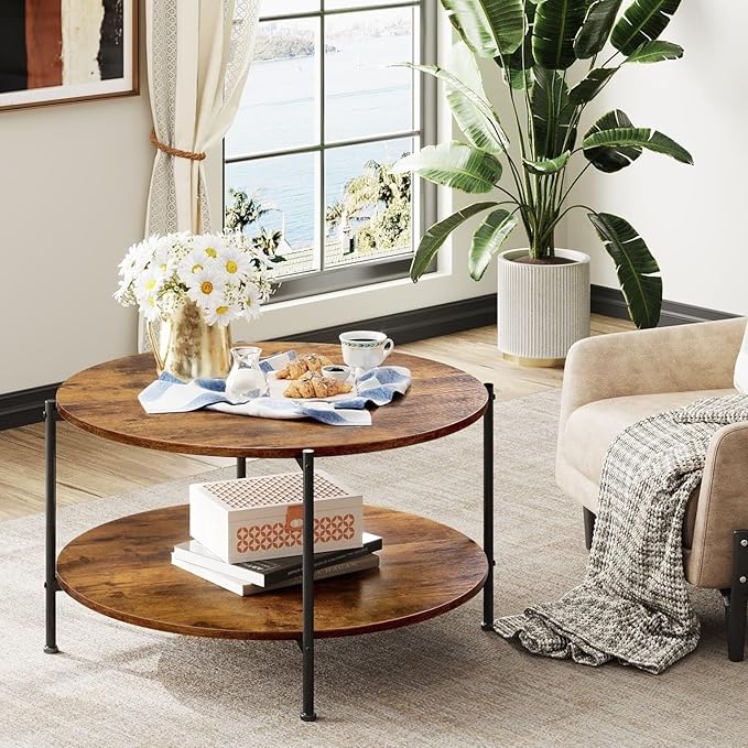 WLIVE Round Coffee Table, 32.6" Small Coffee Table with Storage Shelf, 2-Tier Circle Wood Center Table for Living Room, Apartment, Rustic Brown