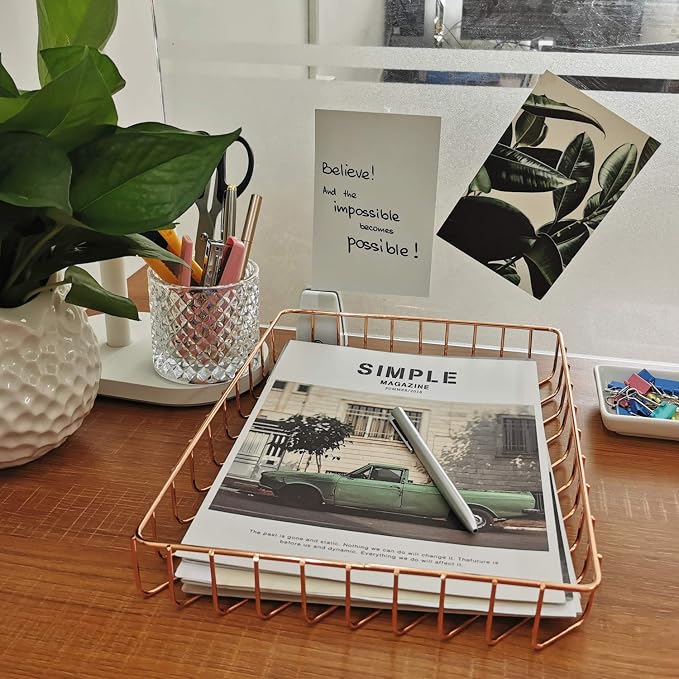 Desk Tray, Wire Metal Letter File Tray Organizer, Size 12.2”x9.5”x1.9”, Rose Gold