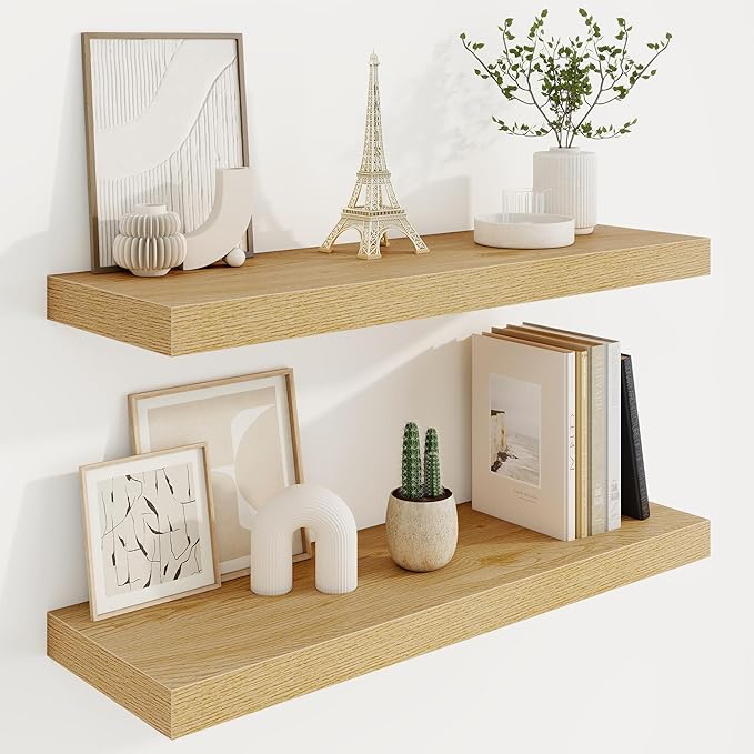 30in Floating Shelves for Wall, 30"W x 9.25"D x 1.25"H, 2 Pack Long Wall Mounted Engineered Wood Shelves with Invisible Brackets for Living Room, Bedroom, Bathroom, Kitchen Decor and Storage, Oak