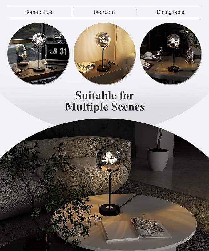 M14-2 Metro Sphere Glass Table Lamp - Mid Century Modern Night Stand Lamp with 3-Way Dimmable, USB Charging Ports, Minimalist Decorative Lamps for Living Room,Bedroom,Home Decor