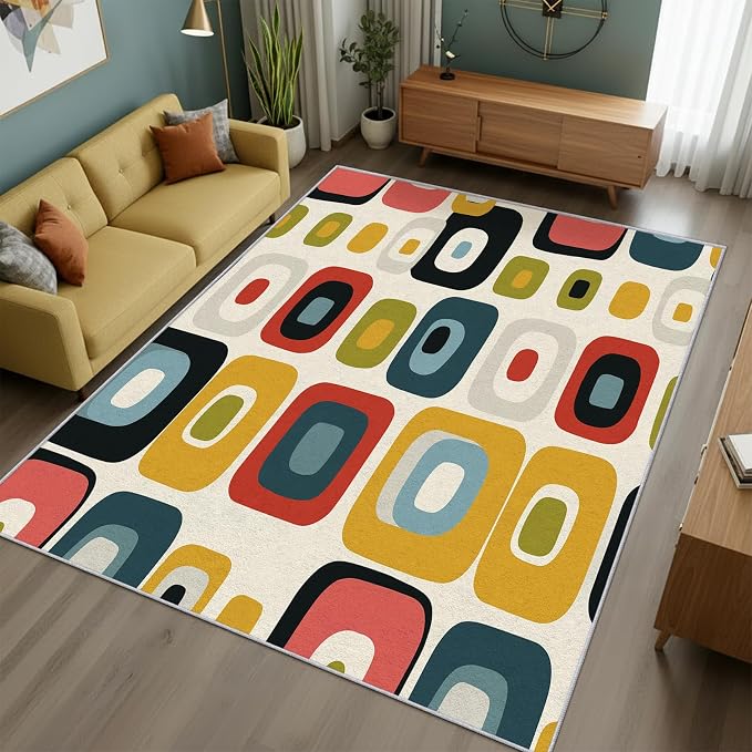 Mid-Century Modern Rug 6x9 Geometric Retro 60s 70s Pattern Area Rugs for Living Room, Bedroom, Mid-Century Modern Home Decor Accessories Indoor Carpet, Non Slip & Machine Washable, GD0650
