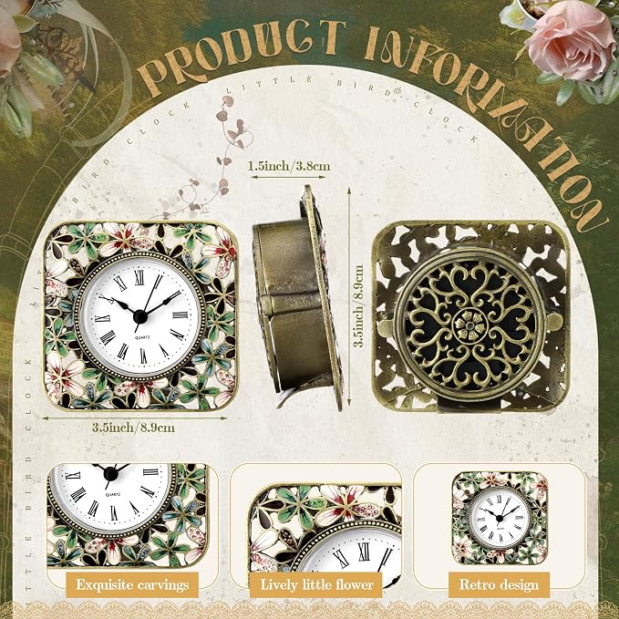 Kenning Vintage Mini Table Clock, 3.5 Inch Small Decorative Metal Non Ticking Analog Quartz Battery Operated Table Top Clock for Living Room Bedroom Bedside Desk Decor(Flower)