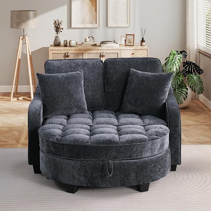 Oversized Chaise Lounge Chair Indoor with Ottoman, Chenille Tufted Comfy Loveseat Sofa Chair with Adjustable Backrest, Fluffy Recliner Sofa, Convertible Sleeper Couch Bed for Living Room(51"W, Black)