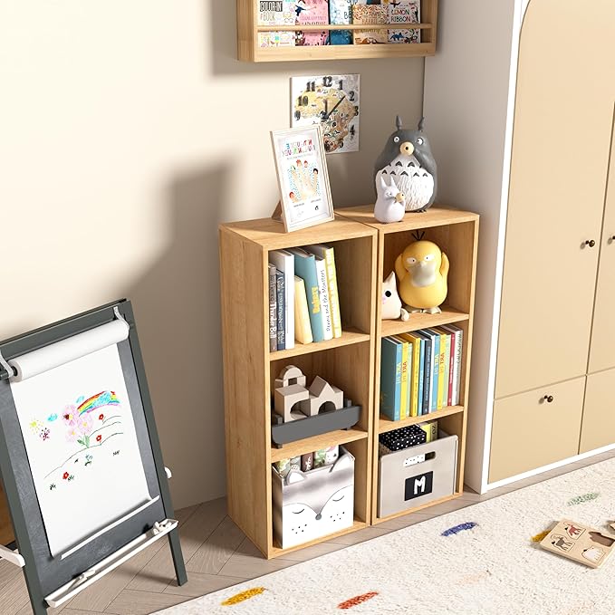 Wooden 3 Cube Storage Organizer, 3 Tier Storage Cubes Storage Display Cubby, Freestanding DIY Closet Shelving Unit for Living Room Bedroom Office (Oak, 3 Cube-W(11.8inch)