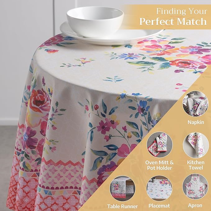 Maison d' Hermine Table Cloth Round Table 100% Cotton 63 Round Inches Tablecloth Reusable Decorative for Dining Room Farmhouse Home Valentines Day Decorations Spring Summer - Rose Garden