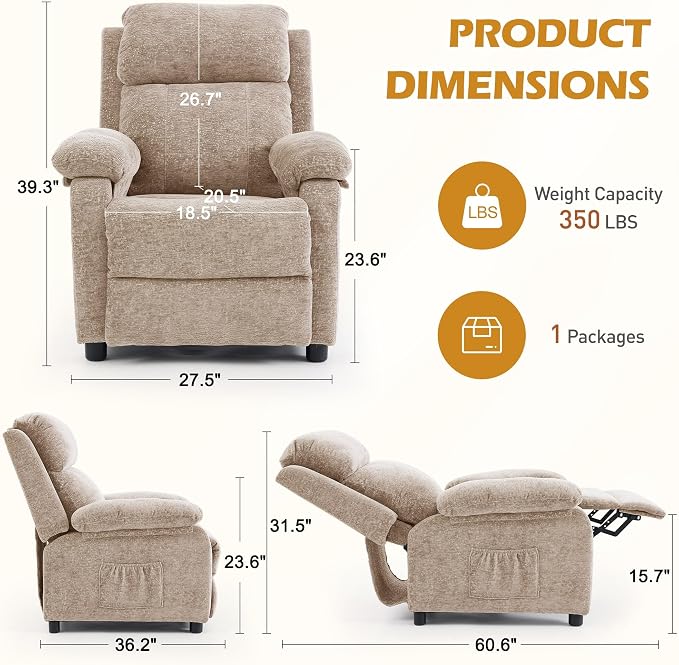 Korser Recliner Chair, Living Room Chairs for Adults, Padded Deep Seat Reading Chair with Side Pockets, Small Recliners for Small Spaces, Lounge Chair for Living Room, Bedroom, and RV (Chenille)