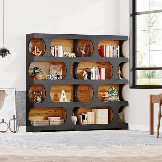 Tribesigns 71" Tall Bookcase Set of 2, 4-Tier S-Shaped Bookshelf, Wood Decorative Storage Shelving, Modern Freestanding Display Shelves, Large Library Bookshelf Unit for Home Office, Black & Brown