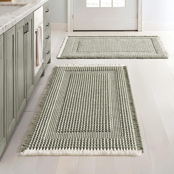 MIULEE Set of 2 Waffle Bathroom Rugs, Boho Bath Rug Super Absorbent, Non Slip Washable Ultra Soft Rubber Backed Shower Bath Mats for Floor, Tub, Shower, Looped Design, Green & Cream, 24x36 Inch