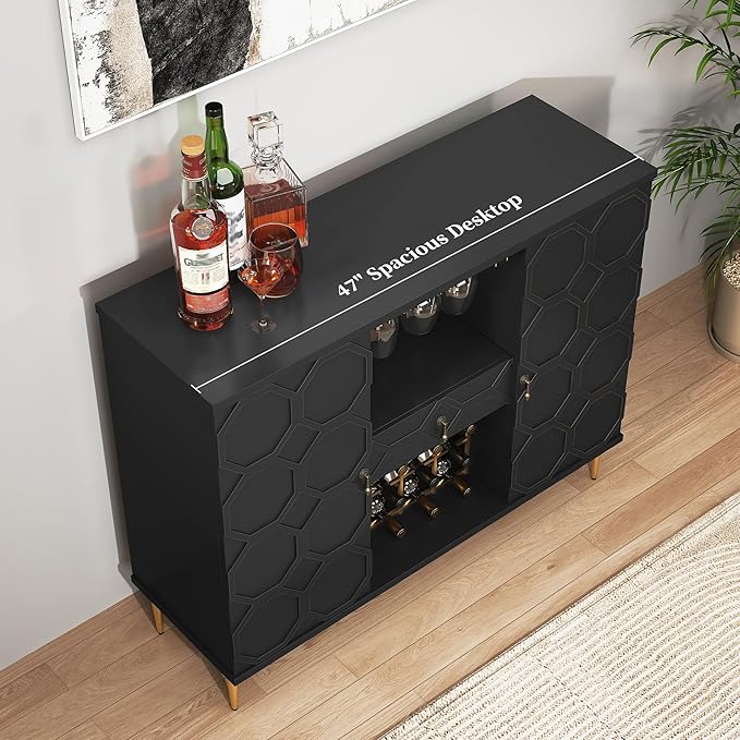 Modern Bar Cabinet with Drawer, Liquor Cabinet with Wine Glass Racks and Shelves, Geometric Door Buffet Sideboard for Dining Room, Living Room, Kitchen, Black