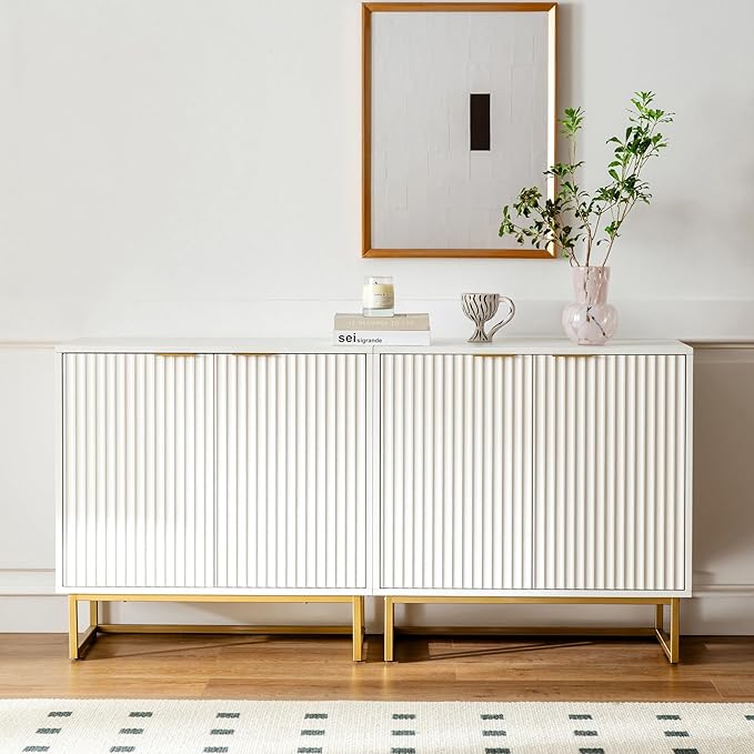 Fluted Storage Cabinets Set of 3, Sideboard Buffet Cabinet Modern Accent Cabinet with Adjustable Shelves, Credenza, Console Table Entryway Cabinets for Living Room, White
