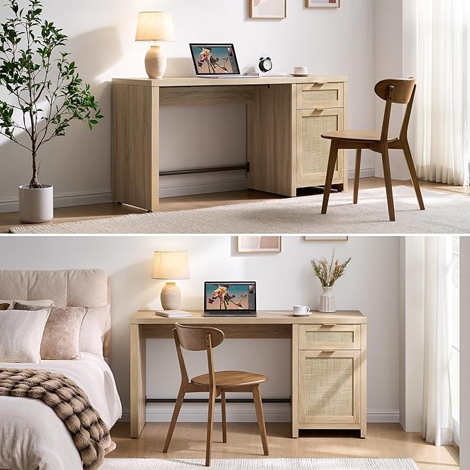 SICOTAS Rattan Home Office Desk with Drawer, 59" Farmhouse Boho Executive Desk with Storage Cabinet, Large Computer Writing Table Vanity Desk for Office, Study, Living Room, Light Oak