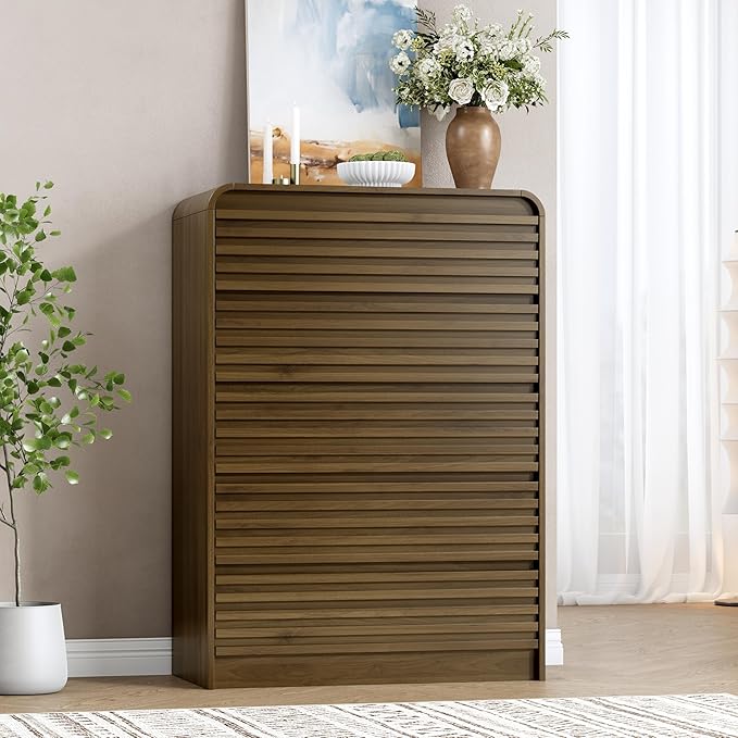 Fluted 5 Drawer Dresser for Bedroom, 45" Tall Wood Chests of Drawers with Curved Profile, Mid Century Modern Dresser with Large Storage & Hidden Handles for Living Room, Hallway, Walnut