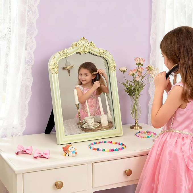 Cream Flower Bow Mirror - 13x10 Inch Elegant Decorative Accent, Wall-Mounted & Tabletop Makeup Mirror for Bedroom Decor