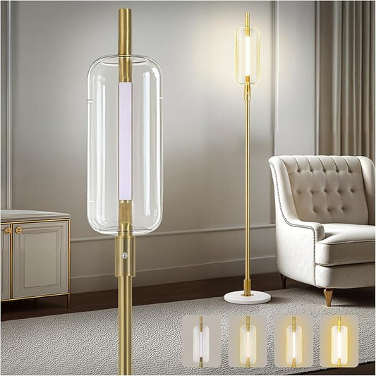 Dimmable Glass Floor Lamps for Living Room, Modern Standing Floor Lamp with Glass Lampshade, Marble Base, 64" Tall Lamp with Touch Switch for Bedroom Office Living Room