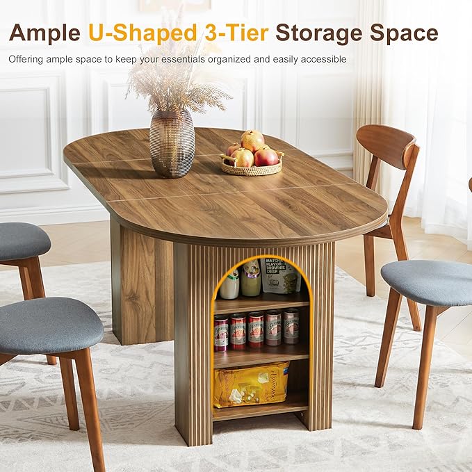70.8" Oval Dining Table with Dual Side Storage Shelves, Rustic Farmhouse Table for 4–6 People, Modern Wooden Round Dinner Table for Kitchen, Reception, or Living Room (Walnut, Table Only)
