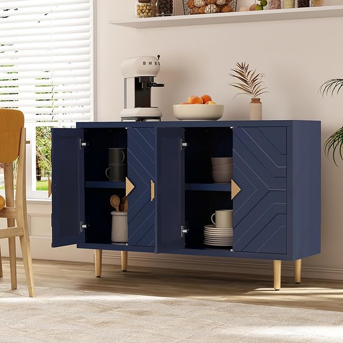 HLR 48" Accent Cabinet with 4 Doors and Shelves, Modern Sideboard Buffet Cabinet with Decorative Embossed Pattern Doors, Credenza Storage Cabinet for Living Room, Kitchen, Dining Room, Hallway
