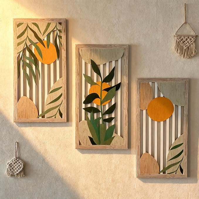 Boho Wall Art for Living Room - 3Pcs Botanical Wood Wall Decor, Minimalist Sun & Plant Design, Rustic Bohemian Hanging Art for Women, Homeowners, Renters, Bedroom, Bathroom, Office, Housewarming Gift
