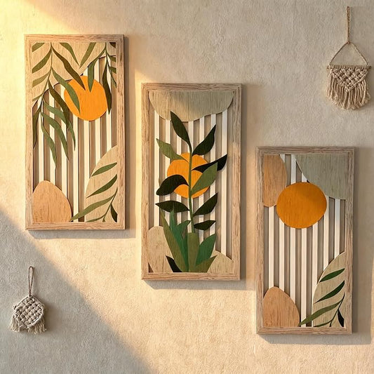 Boho Wall Art for Living Room - 3Pcs Botanical Wood Wall Decor, Minimalist Sun & Plant Design, Rustic Bohemian Hanging Art for Women, Homeowners, Renters, Bedroom, Bathroom, Office, Housewarming Gift