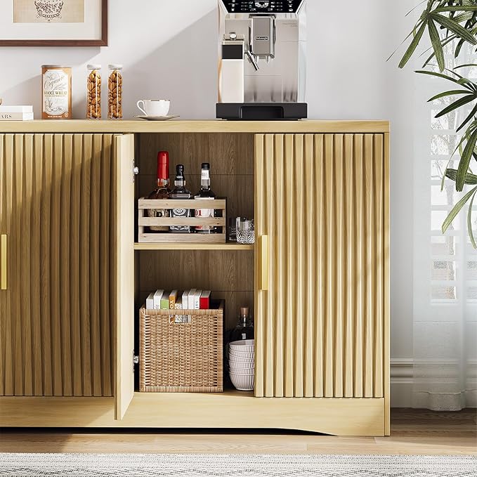 55" Modern Sideboard Buffet Cabinet with Storage, 4 Door Fluted Credenza Table Media Console Cabinet Entryway Cabinets for Living Room Kitchen, Wood