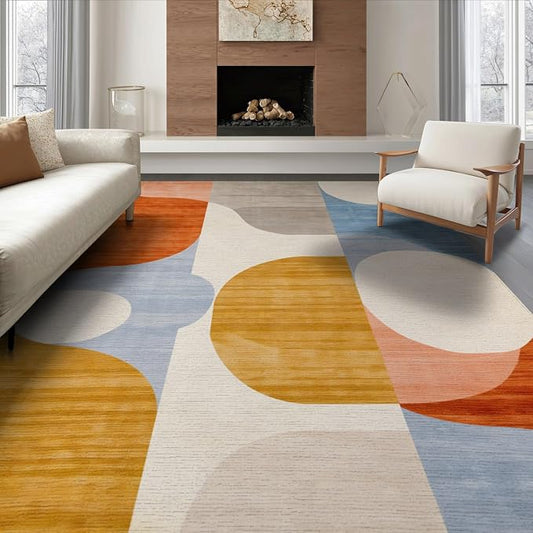 Flatwoven High Traffic Area Rug 6x9, Mid Century Modern Abstract with Fluid Lines and Symmetrical Ovals, Non Slip, Stain Resistant, Washable Area Rugs for Living Room, Bedroom (Orange, 6x9)