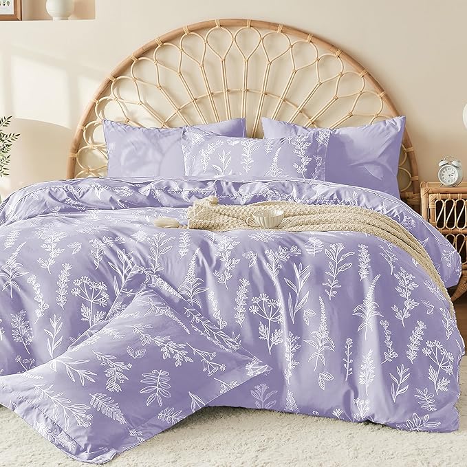 MUXHOMO Duvet Cover King Size, Reversible Floral Lavender Duvet Cover Set with Zipper Closure, 3 Pieces Botanical Patterns Soft Microfiber Bedding Set (90"x104", 2 Pillow Cases 20"×36")
