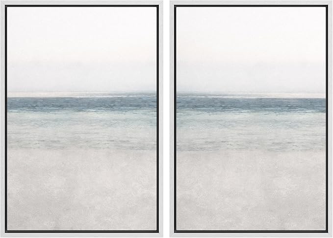 IDEA4WALL Framed Canvas Print Wall Art Set Abstract Beach Shore Ocean Wave Horizon Nature Wilderness Illustrations Modern Art Decorative Coastal Cottage Seascape Minimal for Bedroom - 16"x24"x2 White