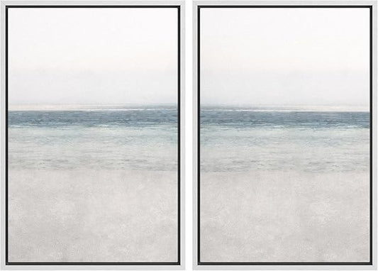 IDEA4WALL Framed Canvas Print Wall Art Set Abstract Beach Shore Ocean Wave Horizon Nature Wilderness Illustrations Modern Art Decorative Coastal Cottage Seascape Minimal for Bedroom - 16"x24"x2 White