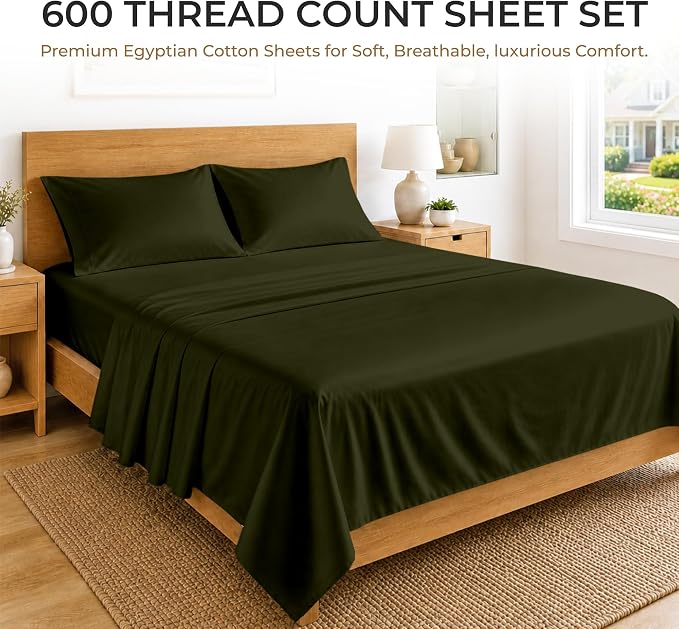 SGI bedding 100% Egyptian Cotton Sheets Twin XL Size – 600 Thread Count Sheets Set, Soft, Cooling, 15" Deep Pocket, Luxury Hotel Bedding, Breathable, Durable - Olive Green
