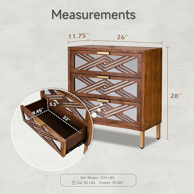 COZAYH 3-Drawer Accent Dresser, Geometric Mirror Front Drawer Organizer Chest with Metal Handles & Legs - Modern Living Room, Entryway, or Bedroom Furniture