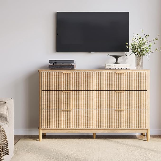LINSY Fluted 6 Drawer Dresser for Bedroom, 54" Wide Mid-Century Modern Tall Chest of Drawers, Deep Storage Dresser with Curved Corner Design, Large Accent Wood Cabinet for Bedroom, Oak