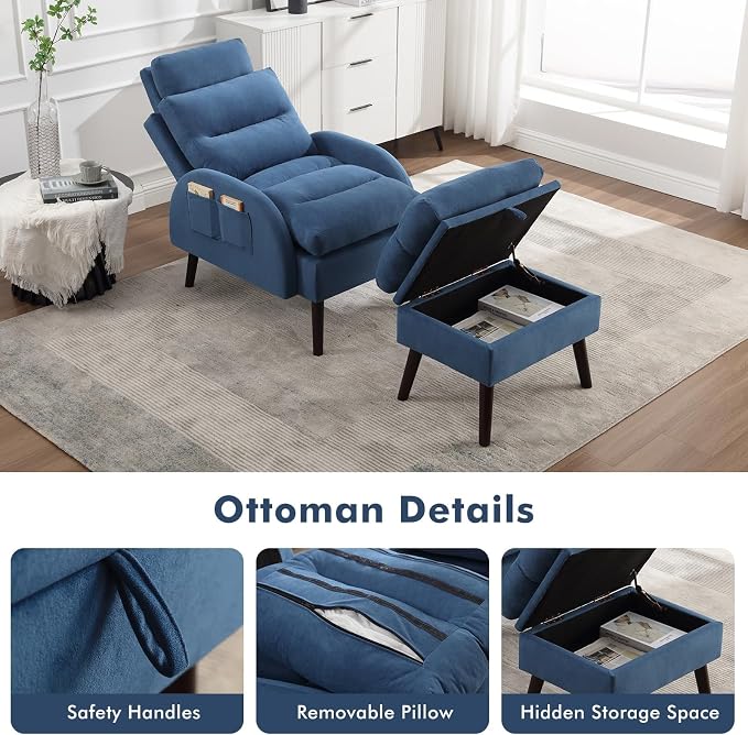 HCHAIRH Accent Chair with Ottoman, Velvet Comfy Reading Chair and Ottoman Set, Modern Oversized Velvet Lounge Sleeper Armchair with Adjustable Backrest for Living Room Bedroom, Blue