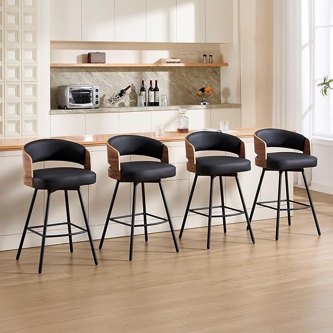 Swivel Bar Stools Set of 4, 26" Counter Height Bentwood Barstool, Upholstered Faux Leather Barstools with Walnut Back, Mid Century Modern Bar Chairs for Kitchen Island, Bar