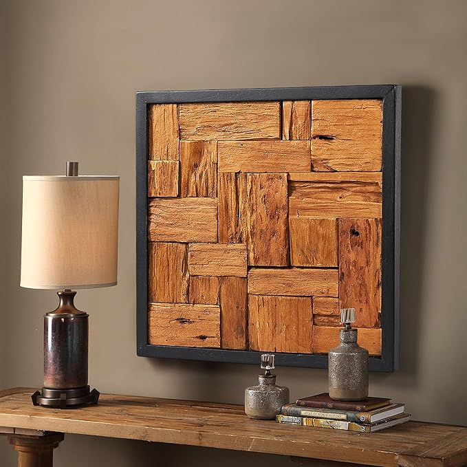 Greenage Reclaimed Teak Wood Wall Decor 17"x17" Farmhouse Square Wall Art Rustic Wooden Wall Hanging Decoration Rectangular Geometric Framed Wall Panel Shape for Home Living Room Bedroom