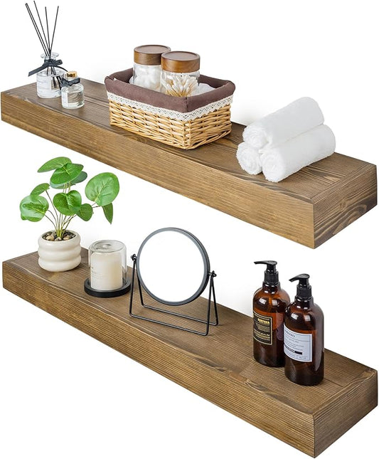 Floating Shelves 24 inch for Wall Set of 2,3 inch Thick Pine Wood Wall Mount Shelf for Kitchen Living Room Bedroom Bathroom,8" D x 24" L x 3" H-Dark Walnut
