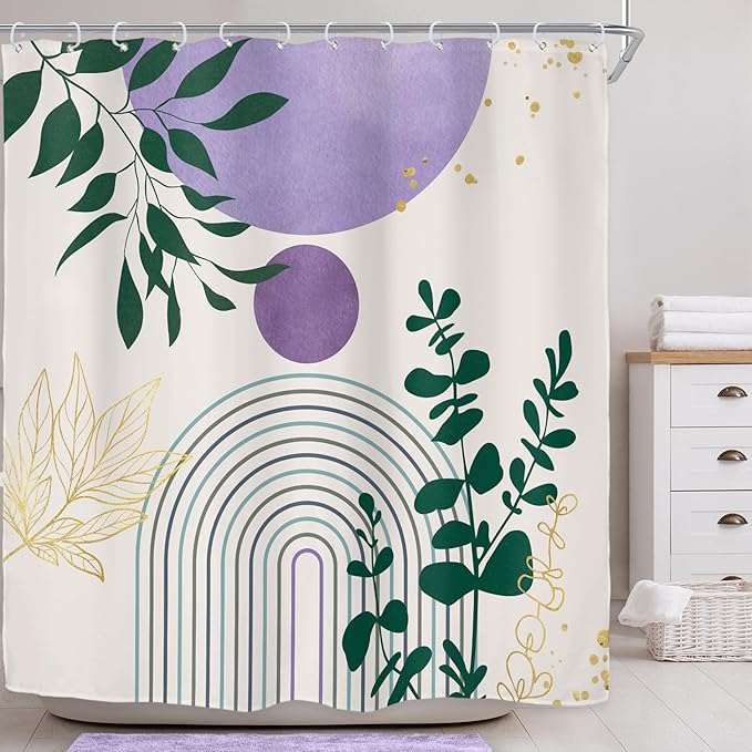 Riyidecor Purple Boho Modern Shower Curtain for Bathroom Decor 72Wx72H Bohemian Leaves Mid Century Eucalyptus Arch Line Art Printed Fabric Polyester Waterproof 12 Pack Plastic Hooks