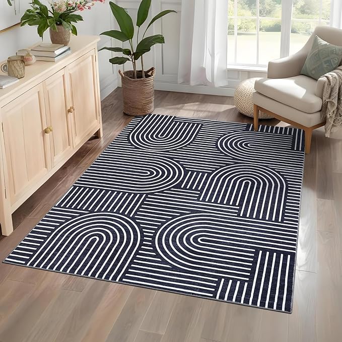 Washable Rug 4x6 Area Rugs for Living Room, Abstract Rug for Bedroom, Soft Rainbow Non Slip Throw Rugs with Rubber Back, Low Pile Stain Resistant Boho Geometric Carpet for Dining Room, Blue