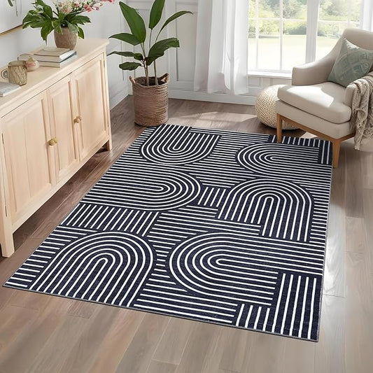 Washable Rug 4x6 Area Rugs for Living Room, Abstract Rug for Bedroom, Soft Rainbow Non Slip Throw Rugs with Rubber Back, Low Pile Stain Resistant Boho Geometric Carpet for Dining Room, Blue