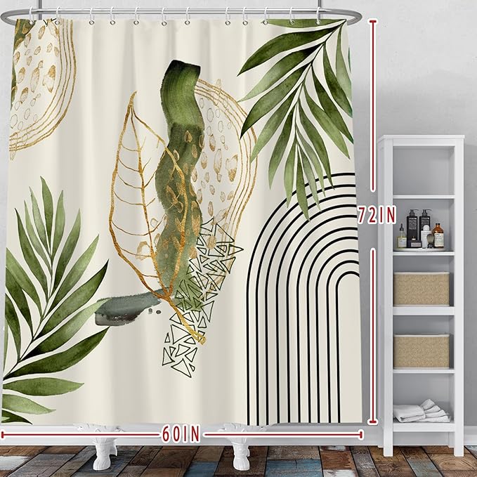 Baocicco Boho Shower Curtain Green Gold Leaves Modern Abstract Geometric Minimalist Shower Curtains Decorative for Bathroom Waterproof Fabric Shower Curtain with Hooks 60x72 Inches