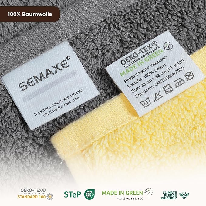 SEMAXE 100% Cotton Washcloths 12-Pack, 13 × 13 Inch Soft Luxury Face Towels – Super Absorbent & Quick-Dry, Premium Cloth with Hanging Loop, Oeko-TEX Certified, Gift-Ready Box
