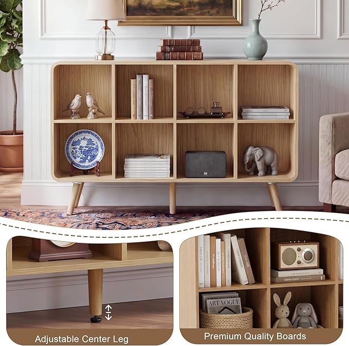 YOSHOOT 8 Cube Bookshelf - 46.5" Wood Cube Bookcase with Legs, Open Cubby Bookshelves with Curved Profile Design for Bedroom, Living Room,Home Office, Nature