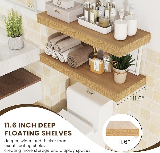 30 Inch Floating Shelves | 12 Inch Deep Oak Floating Shelves Set of 2 | 30" W x 12" D Rustic Wood Shelves for Wall | Deep Oak Shelves for Living Room Bathroom Laundry Room Kitchen
