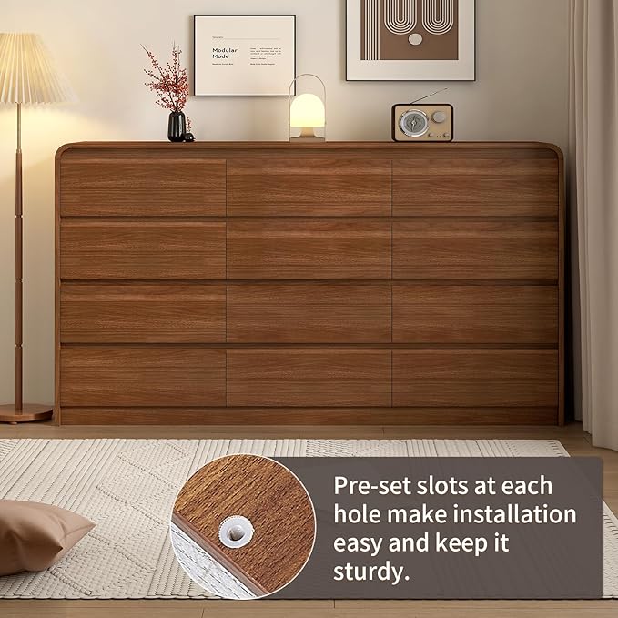 Modern 12-Drawer Dresser 63-Inch Wide, Curved Anti-Collision Design, Mid-Century Storage Cabinet with Pre-Embedded Slots, Sturdy Reusable, Ideal for Bedroom/Living Room/TV (Brown, 12-63)