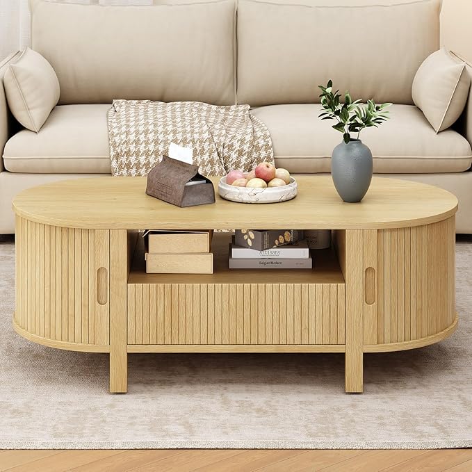 ONBRILL 47.2 Inch Oval Coffee Table with Storage, Mid Century Modern Coffee Table with Drawer, Center Table with Sliding Door and Wood Fluted Handle for Living Room, Oak
