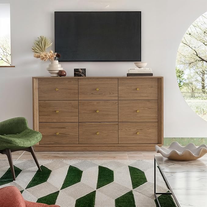 9 Drawer Dresser, Mid Century Modern Dresser with Storage, 55" Wide Chest of Drawers with Wood Grain Texture, Dressers TV Stand for Bedroom, Living Room, Hallway, Walnut