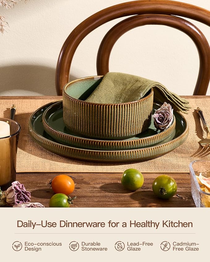 Stoneware Dinnerware Sets, Handcrafted Double Reactive Glaze Plates and Bowls for Everyday & Formal Dining, Microwave & Dishwasher Safe, Scratch Resistant Dishes Service for 4 (12-Piece), Moss