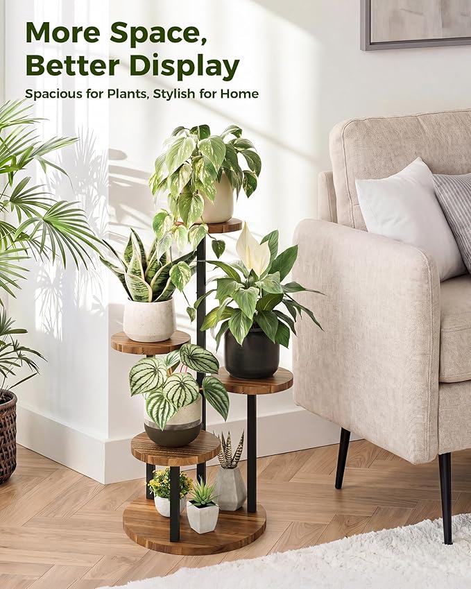 Bamworld 4 Tier Plant Stand Indoor Wood Plant Stand with Metal Frame Plant Table for Multiple Plants Tiered Plant Stands for Living Room Balcony Patio Bedroom Corner Plant Shelf Display Industrial-Style Modern Plant Stand Brown